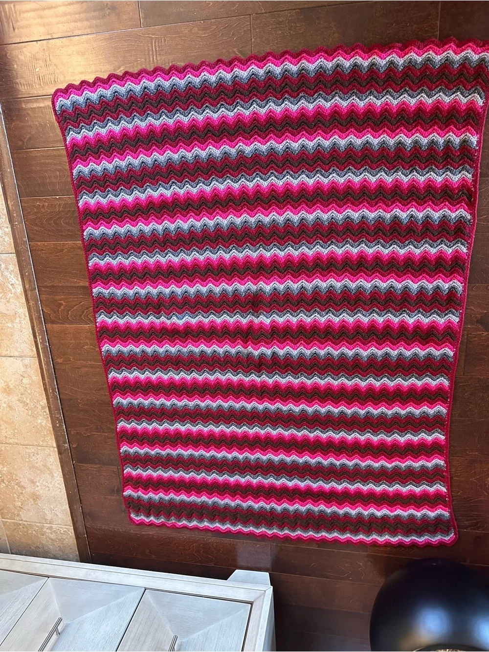 Chevron Knit Afghan Throw Blanket —Pink, Greys, Burgundy, & Brown